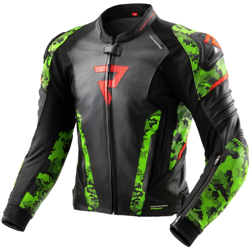 Rebelhorn Veloce melns-kamzo zaļš-fluo sarkans ādas motocikla jaka