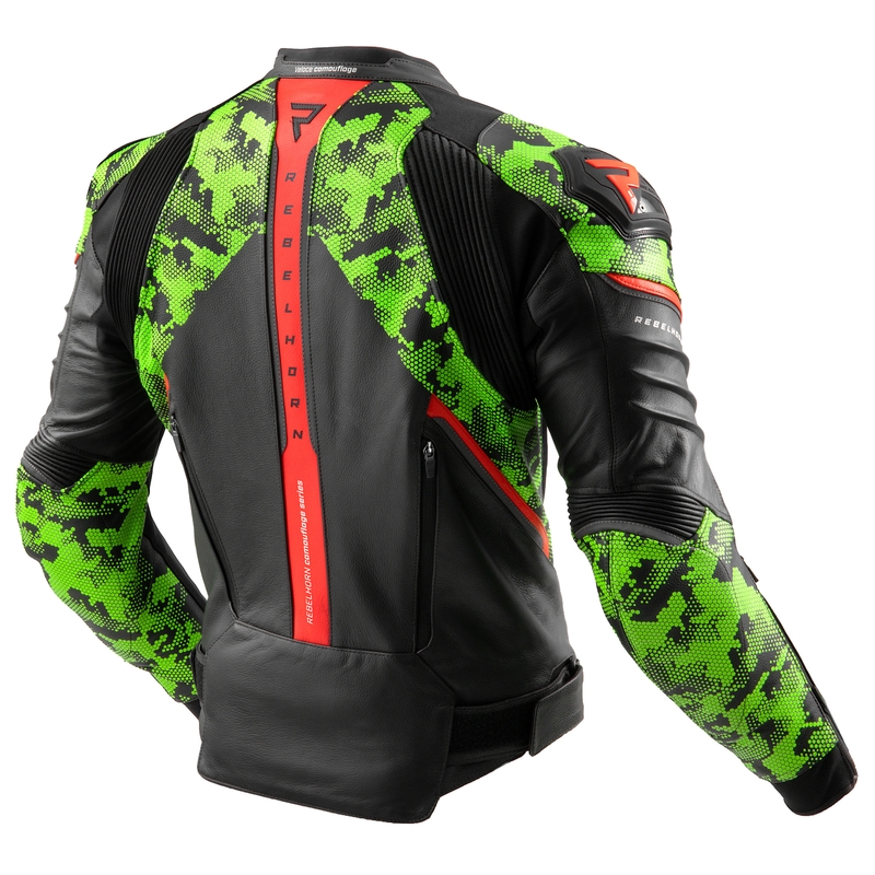 Rebelhorn Veloce melns-kamzo zaļš-fluo sarkans ādas motocikla jaka