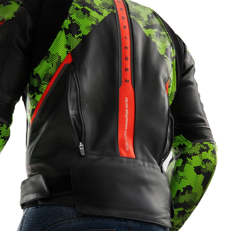 Rebelhorn Veloce melns-kamzo zaļš-fluo sarkans ādas motocikla jaka