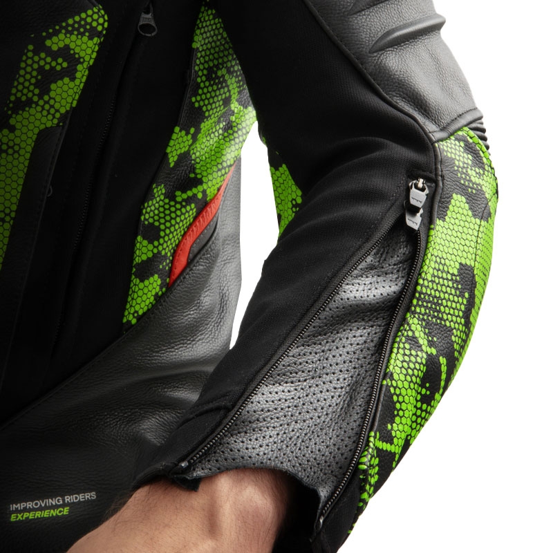 Rebelhorn Veloce melns-kamzo zaļš-fluo sarkans ādas motocikla jaka