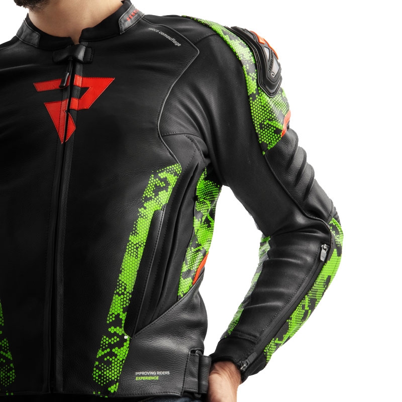 Rebelhorn Veloce melns-kamzo zaļš-fluo sarkans ādas motocikla jaka