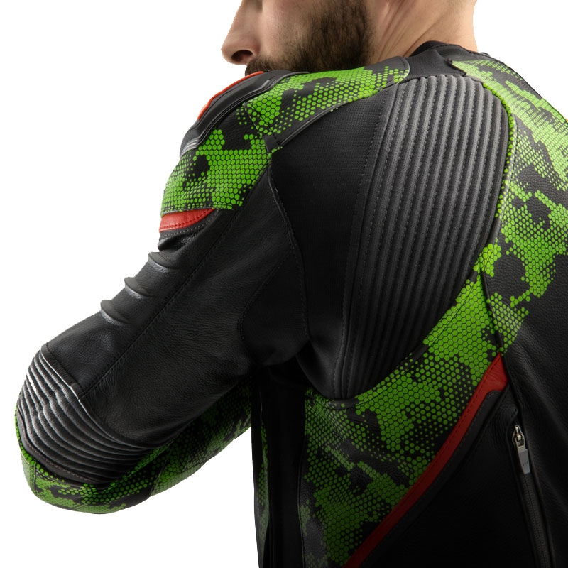 Rebelhorn Veloce melns-kamzo zaļš-fluo sarkans ādas motocikla jaka