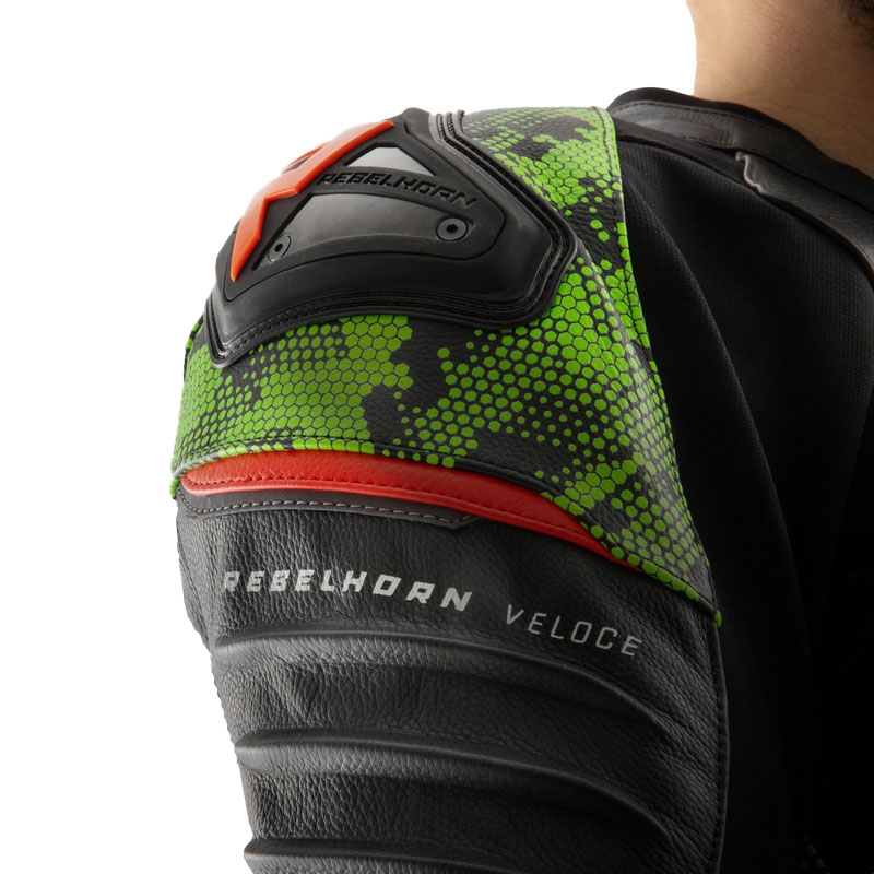 Rebelhorn Veloce melns-kamzo zaļš-fluo sarkans ādas motocikla jaka
