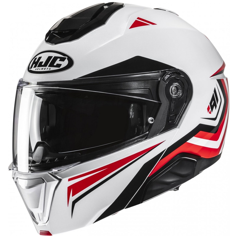 Flip-up motociklu ķivere HJC i91 Tricus MC1 balta-melna-sarkana