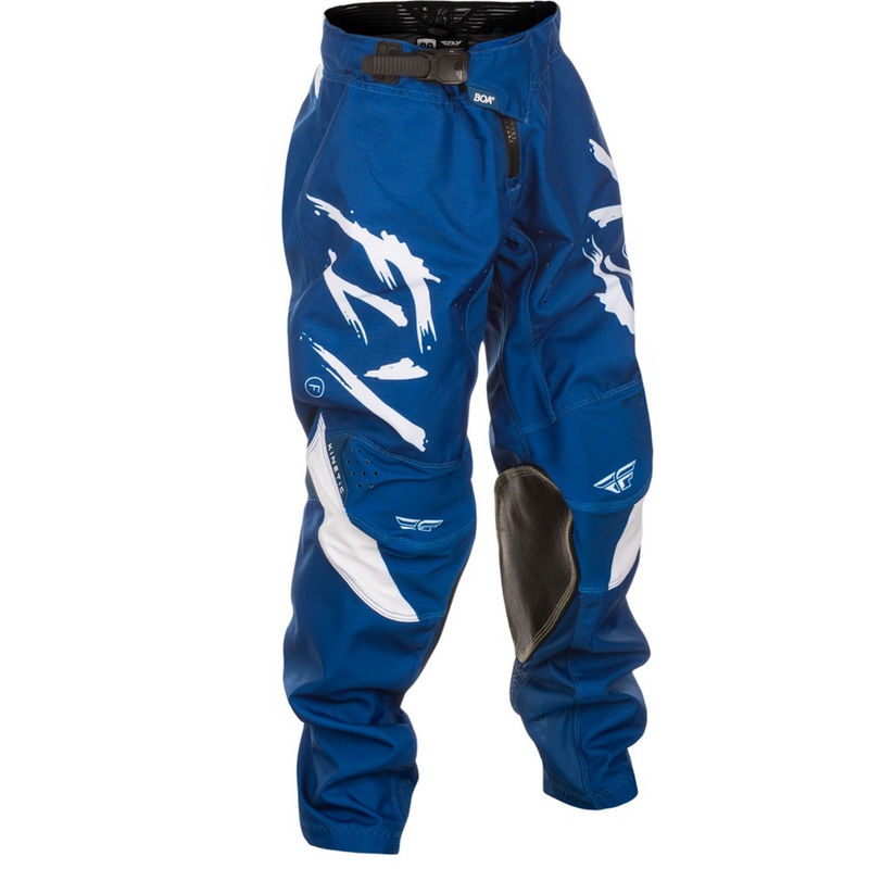 Bērnu motokrosa bikses FLY Racing Kinetic Stoke zilā un baltā krāsā
