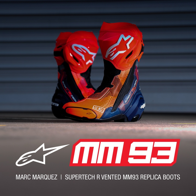 Alpinestars Supertech R Vented limited edition MM93 Marc Marquez fluo sarkani-zili-melni motocikla zābaki