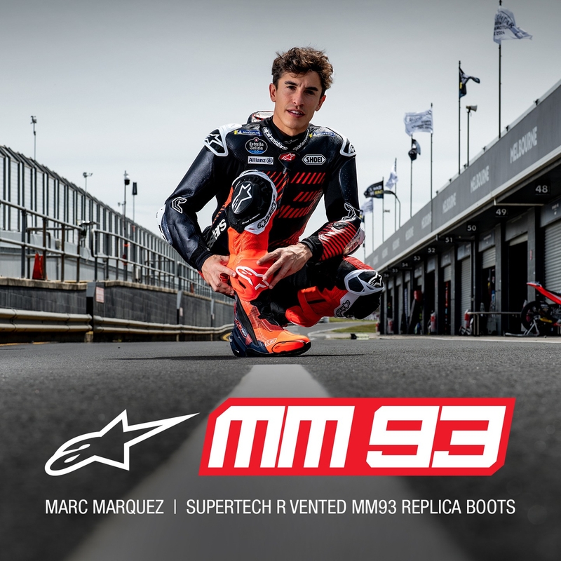 Alpinestars Supertech R Vented limited edition MM93 Marc Marquez fluo sarkani-zili-melni motocikla zābaki