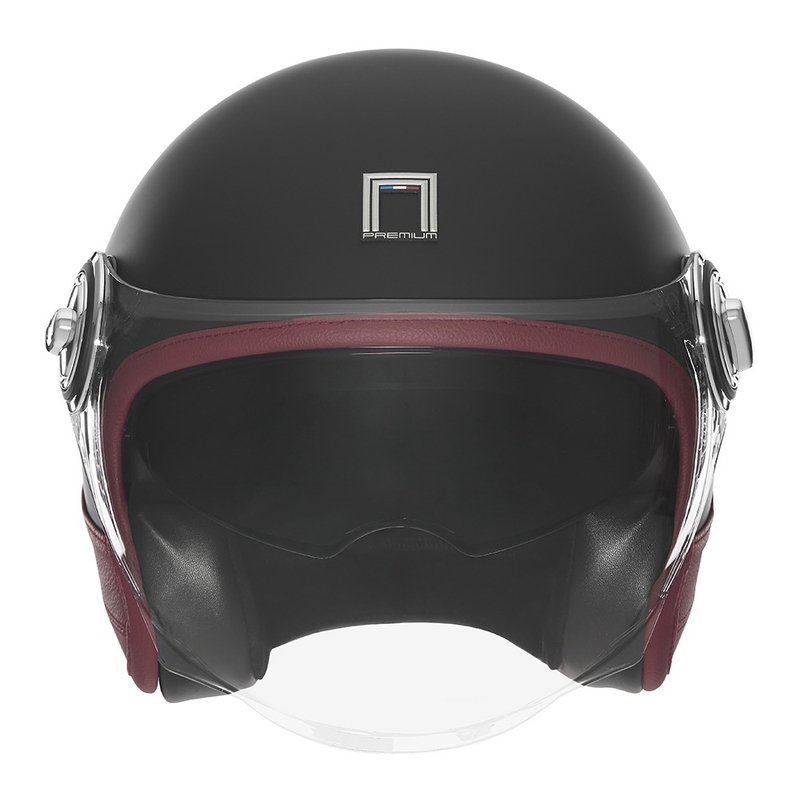 Atvērtā moto ķivere NOX PREMIUM Heritage matēta melna ar sarkanu ādu