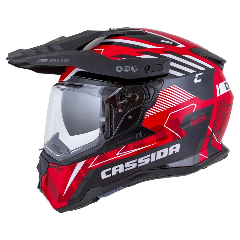Enduro ķivere Cassida Road Runner TechniX sarkanā-melnā-baltā-pelēkā krāsā