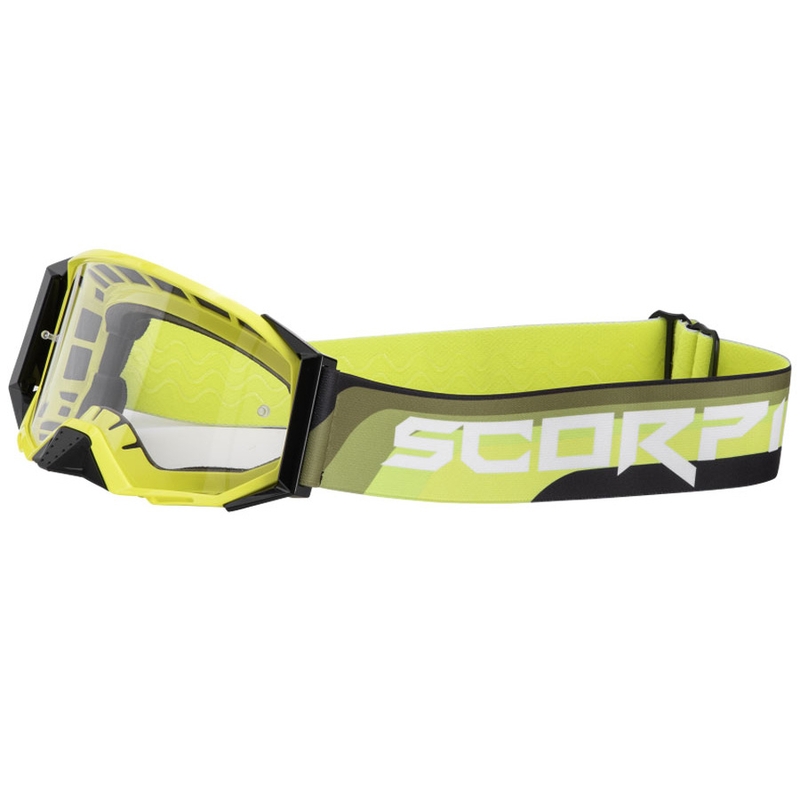Motokrosa brilles Scorpion E24 fluo dzelteni melnas ar caurspīdīgu pleksi