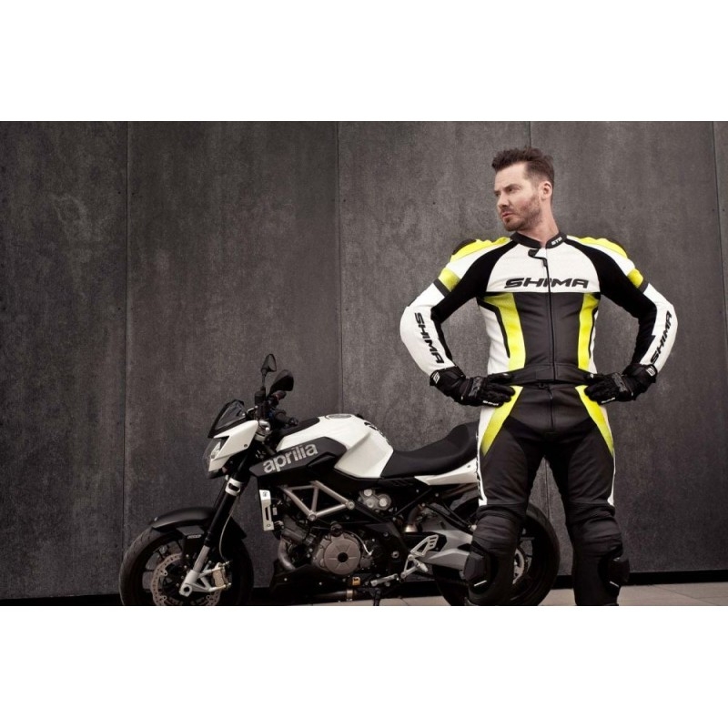 Shima STR melns-balts-fluo dzeltens motocikla kombinezons izpārdošana