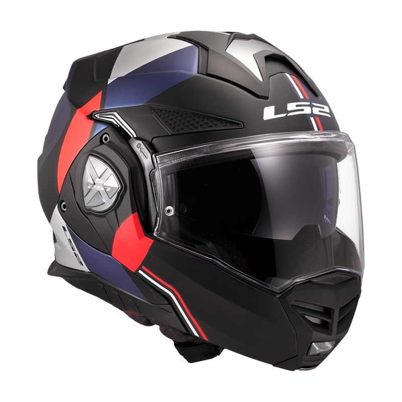 LS2 FF901 Advant X Ultra zili-sarkana flip-up moto ķivere
