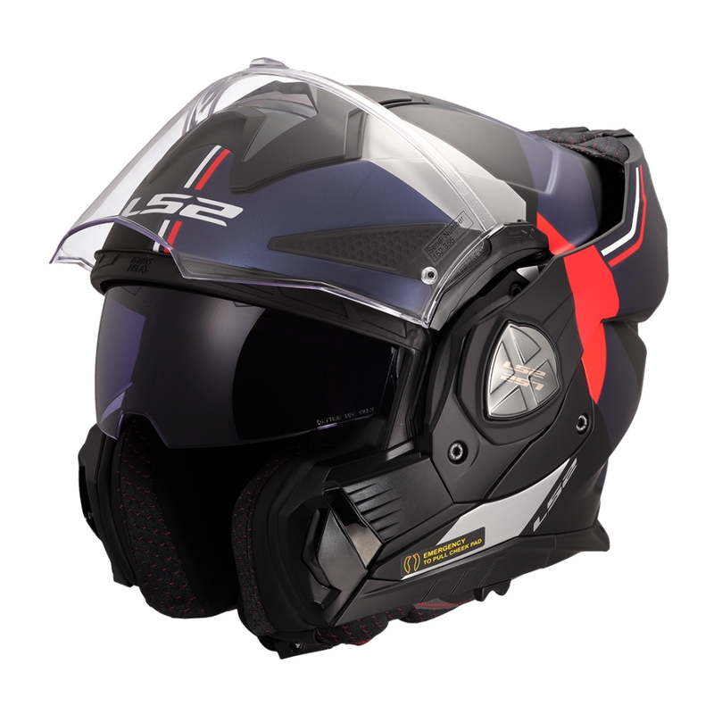 LS2 FF901 Advant X Ultra zili-sarkana flip-up moto ķivere