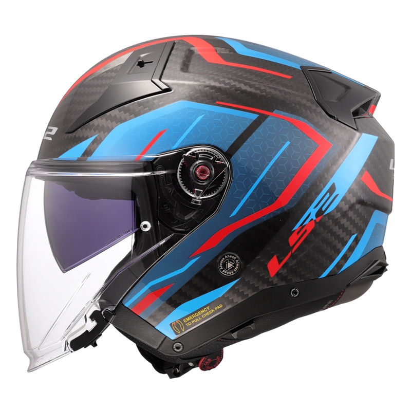 Atvērtā motociklista ķivere LS2 OF603 Infinity II C Urus zili-sarkana