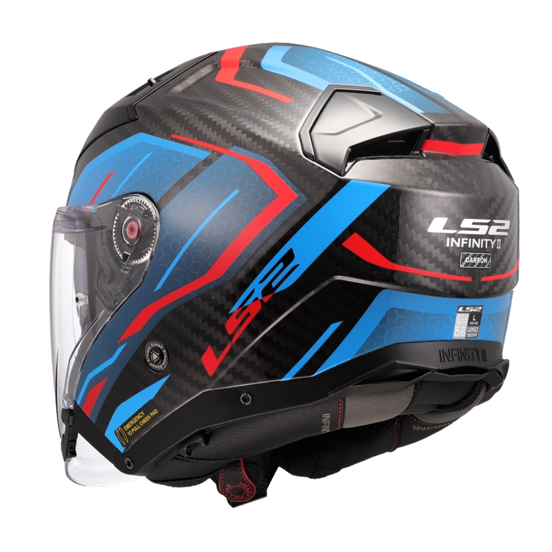 Atvērtā motociklista ķivere LS2 OF603 Infinity II C Urus zili-sarkana
