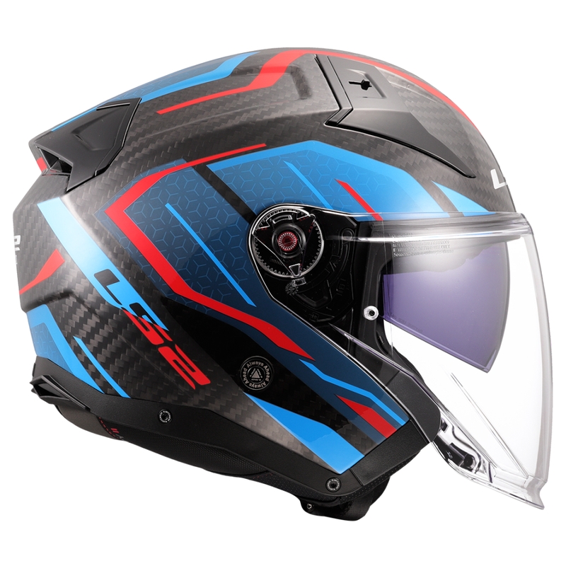 Atvērtā motociklista ķivere LS2 OF603 Infinity II C Urus zili-sarkana