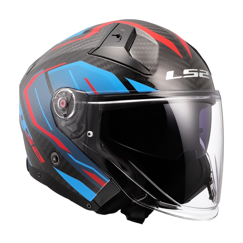 Atvērtā motociklista ķivere LS2 OF603 Infinity II C Urus zili-sarkana