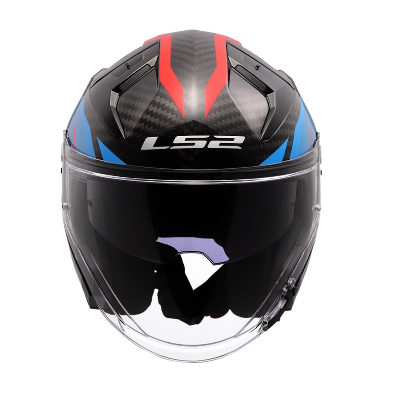 Atvērtā motociklista ķivere LS2 OF603 Infinity II C Urus zili-sarkana
