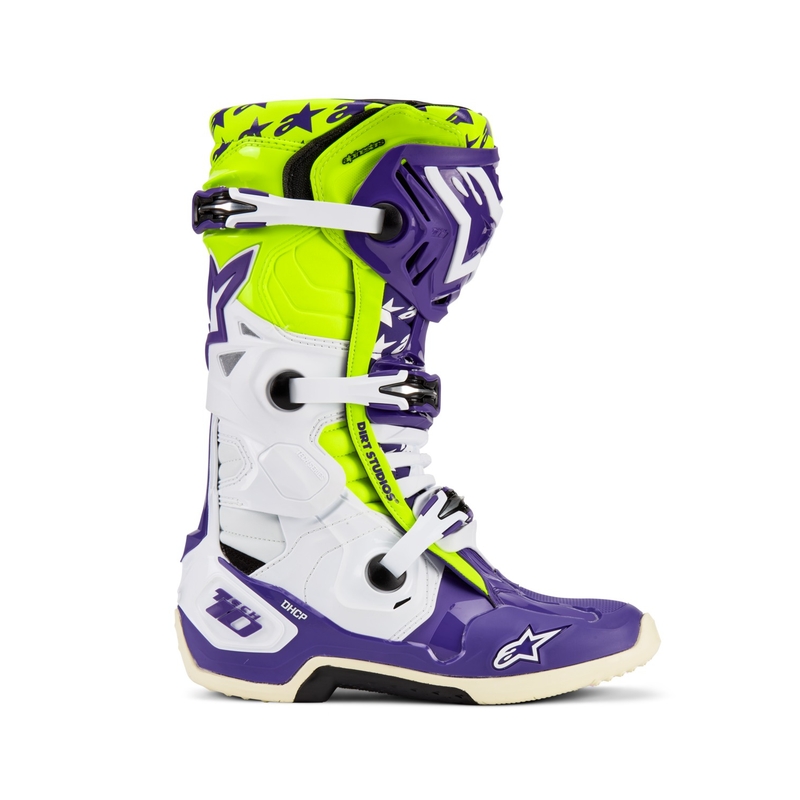 Alpinestars TECH 10 Dirt Studios violeti-balti-fluo dzelteni motocikla zābaki ierobežotā sērijā