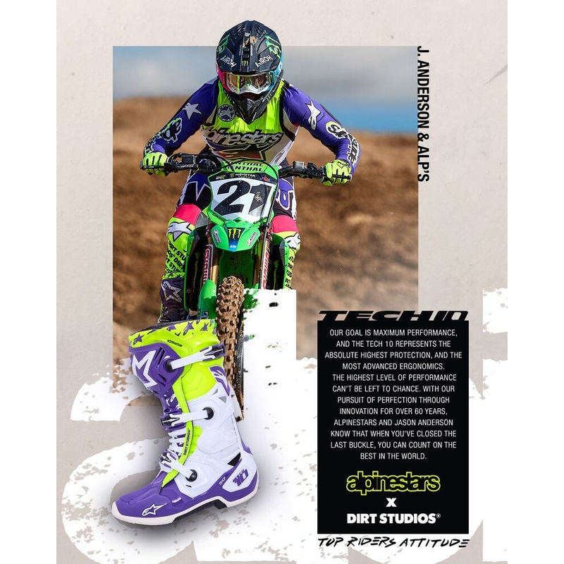 Alpinestars TECH 10 Dirt Studios violeti-balti-fluo dzelteni motocikla zābaki ierobežotā sērijā