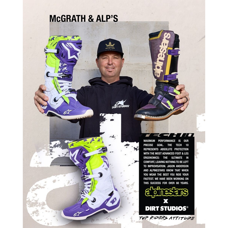 Alpinestars TECH 10 Dirt Studios violeti-balti-fluo dzelteni motocikla zābaki ierobežotā sērijā