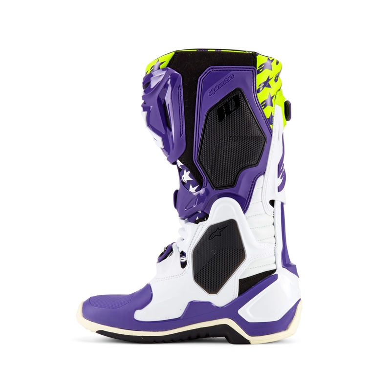 Alpinestars TECH 10 Dirt Studios violeti-balti-fluo dzelteni motocikla zābaki ierobežotā sērijā