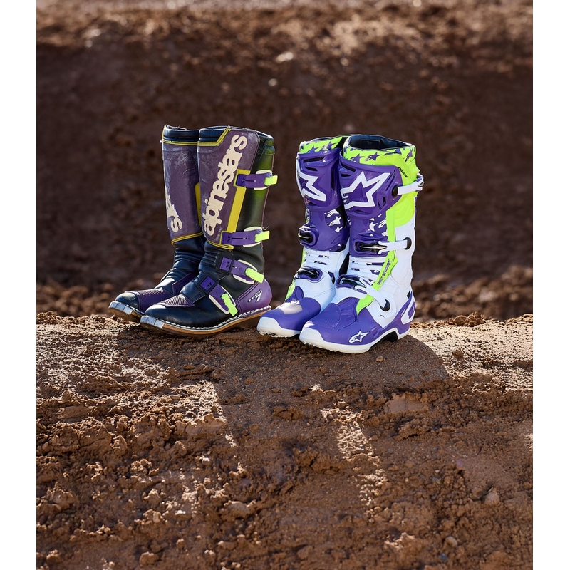 Alpinestars TECH 10 Dirt Studios violeti-balti-fluo dzelteni motocikla zābaki ierobežotā sērijā