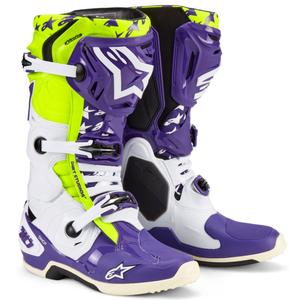 Alpinestars TECH 10 Dirt Studios violeti-balti-fluo dzelteni motocikla zābaki ierobežotā sērijā