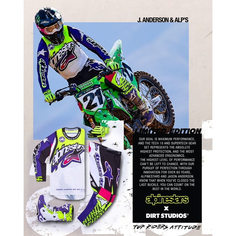 Alpinestars Supertech SX limitētā Dirt Studios balta-violeti-rozā-fluo dzeltena motokrosa krekliņš