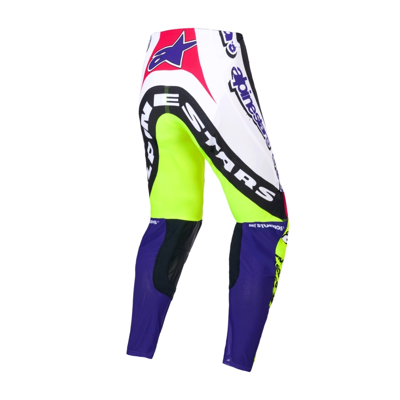 Alpinestars Supertech Dirt Studios baltās-violetās-rozā-fluo dzeltenās motokrosa bikses ar ierobežotu izlaidumu