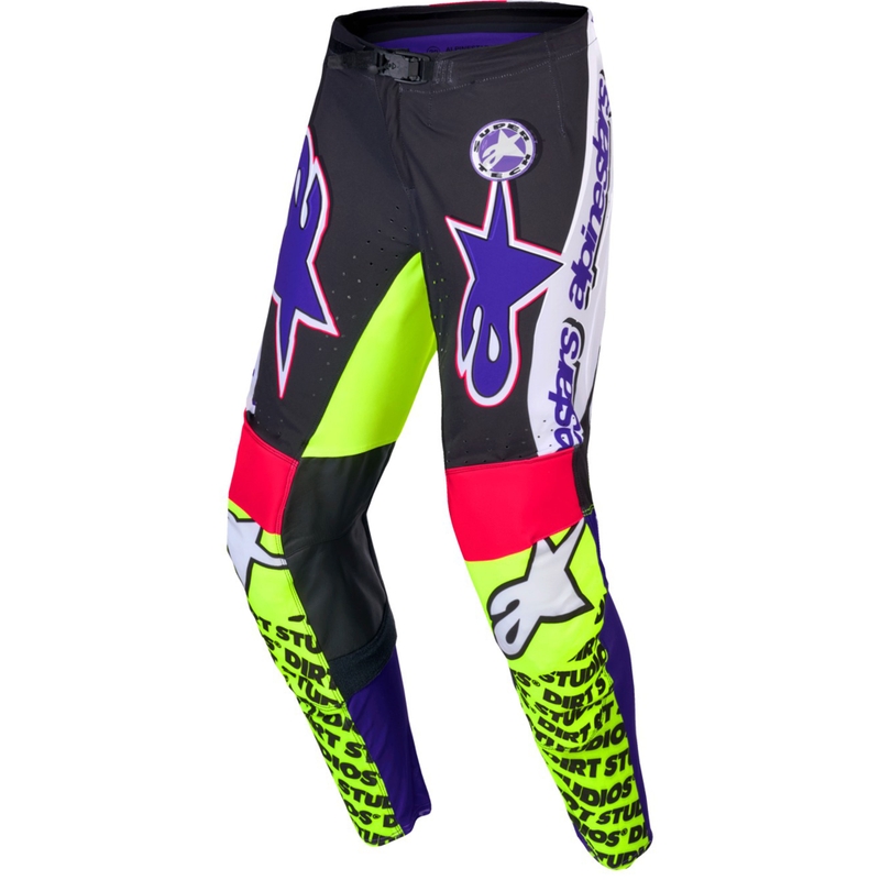 Alpinestars Supertech Dirt Studios baltās-violetās-rozā-fluo dzeltenās motokrosa bikses ar ierobežotu izlaidumu