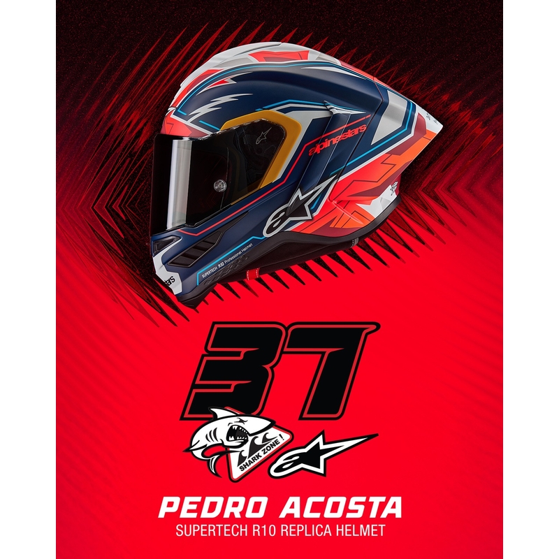 Alpinestars Supertech R-10 limited edition Pedro Acosta matēta zilā, sarkanā un baltā integrālā motocikla ķivere