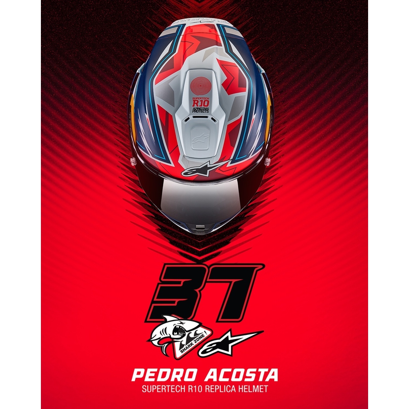 Alpinestars Supertech R-10 limited edition Pedro Acosta matēta zilā, sarkanā un baltā integrālā motocikla ķivere
