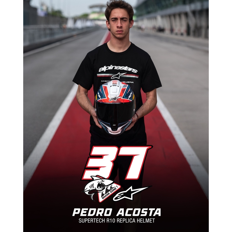 Alpinestars Supertech R-10 limited edition Pedro Acosta matēta zilā, sarkanā un baltā integrālā motocikla ķivere