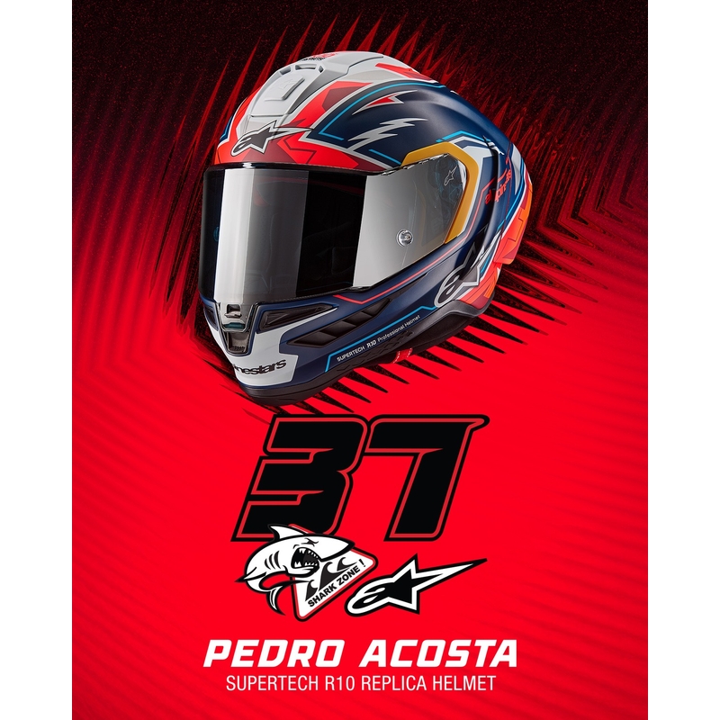 Alpinestars Supertech R-10 limited edition Pedro Acosta matēta zilā, sarkanā un baltā integrālā motocikla ķivere