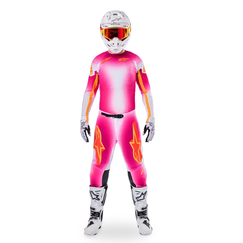 Alpinestars Supertech MIG fluo rozā-baltā-oranžā motokrosa bikses ierobežotā sērijā