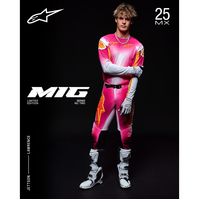 Alpinestars Supertech MIG fluo rozā-baltā-oranžā motokrosa bikses ierobežotā sērijā