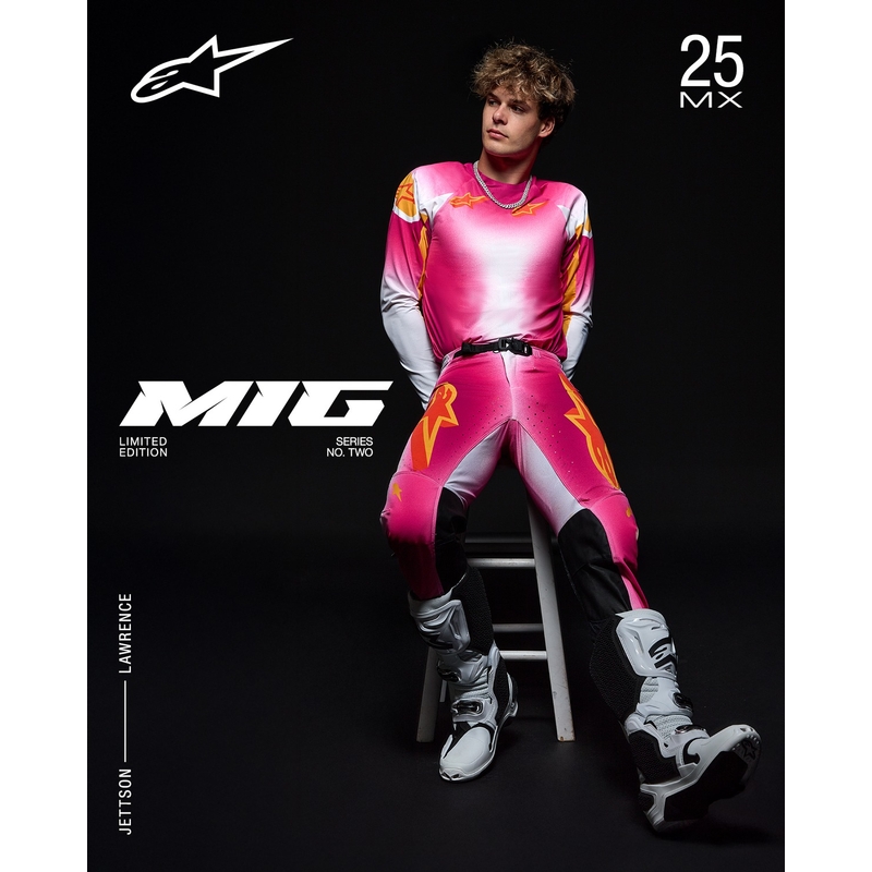 Alpinestars Supertech MIG fluo rozā-baltā-oranžā motokrosa bikses ierobežotā sērijā
