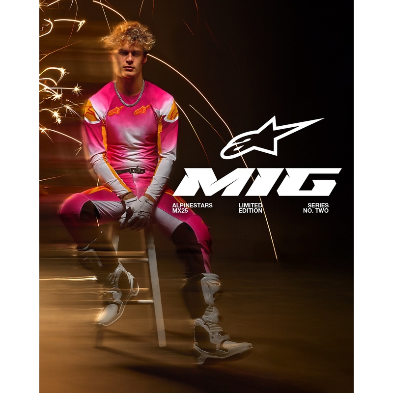 Alpinestars Supertech MIG fluo rozā-baltā-oranžā motokrosa bikses ierobežotā sērijā