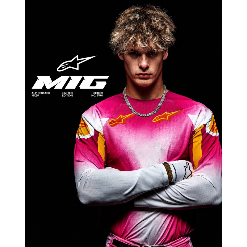 Alpinestars Supertech MIG fluo rozā-baltā-oranžā motokrosa bikses ierobežotā sērijā