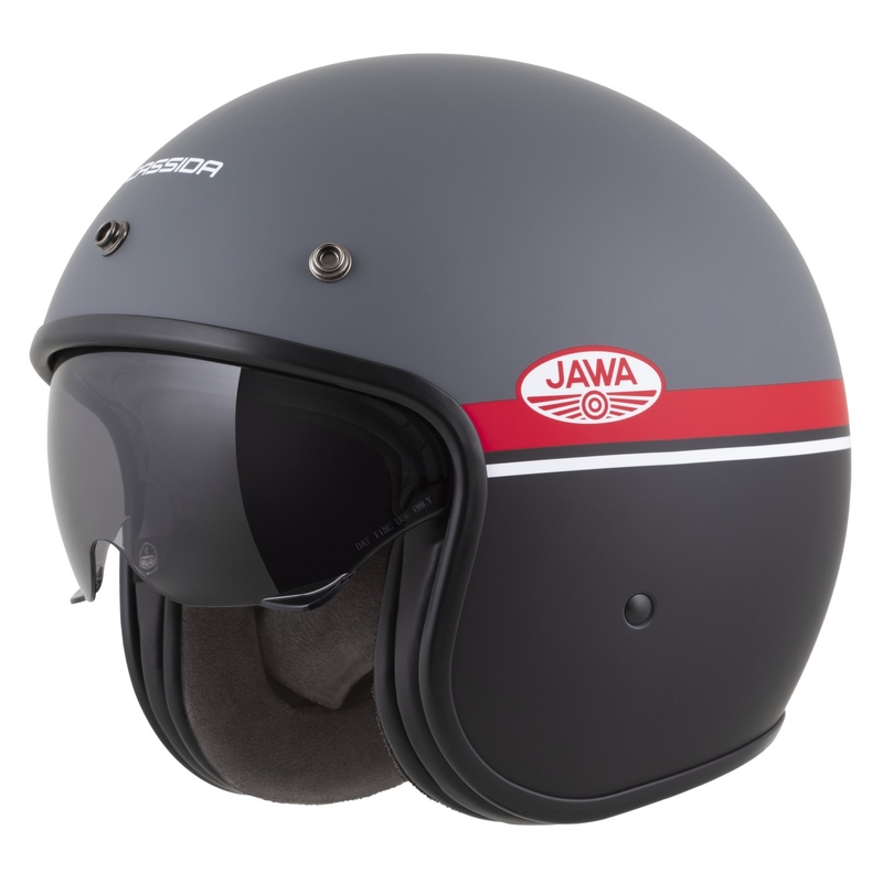Atvērtā moto ķivere Cassida Oxygen 2.0 Jawa OHC matēta pelēk-arkanā-melnā-baltā krāsā