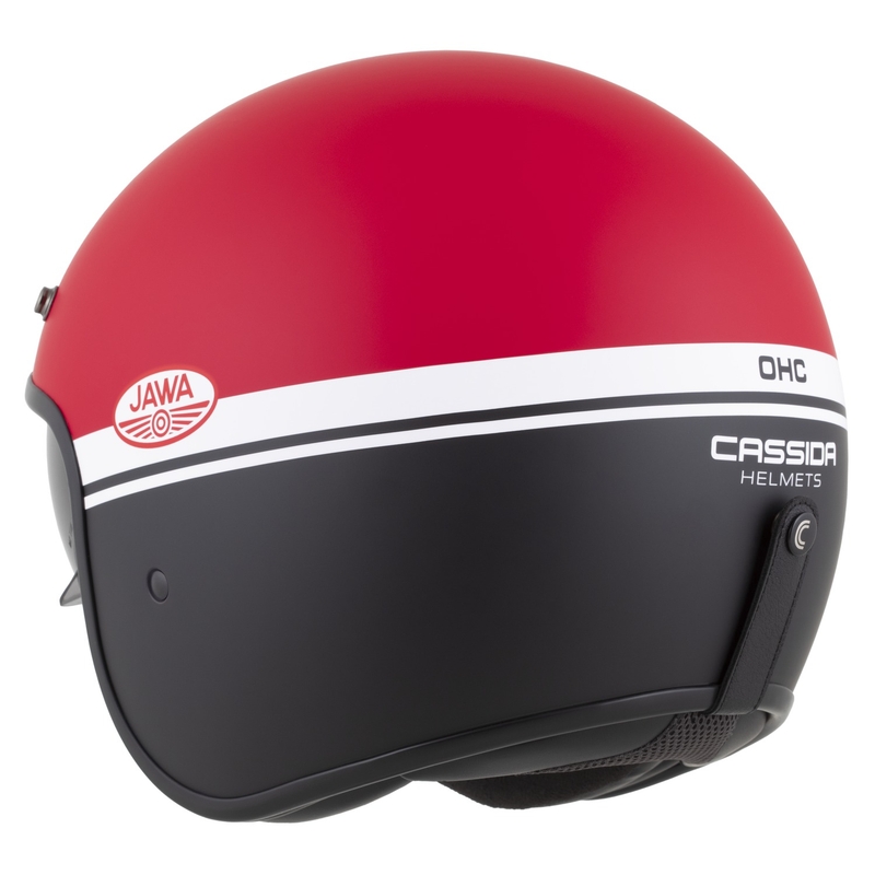 Atvērt ķivere motociklam Cassida Oxygen 2.0 Jawa OHC matēta sarkanā-melnā-baltā krāsā