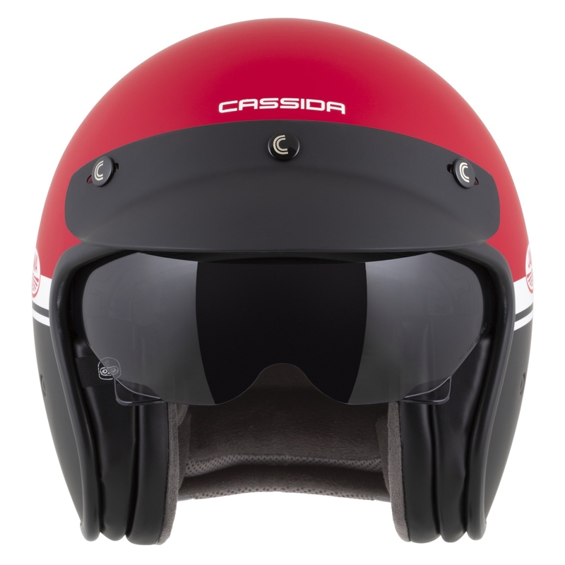 Atvērt ķivere motociklam Cassida Oxygen 2.0 Jawa OHC matēta sarkanā-melnā-baltā krāsā