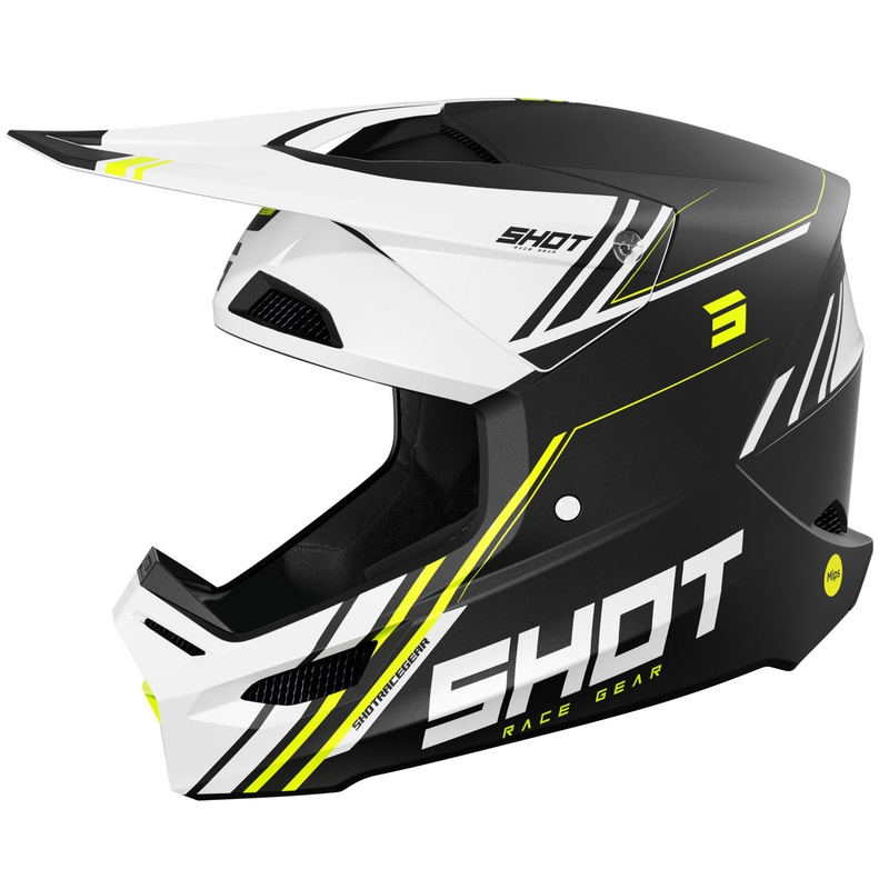 Motokrosa ķivere Shot Race Sprint melns-balts-fluo dzeltens