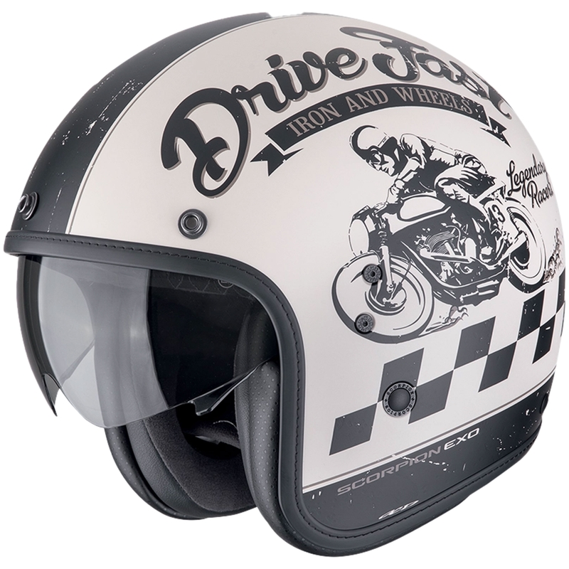 Atvērtā moto ķivere Scorpion Belfast Evo DRIVE FAST matēta krēmīgi melna