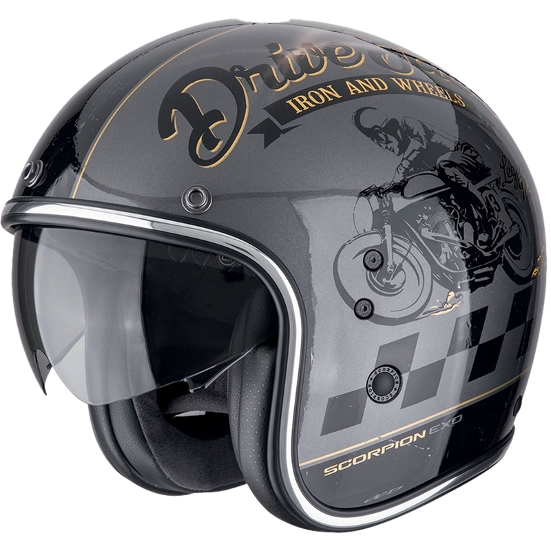 Atvērtā moto ķivere Scorpion Belfast Evo DRIVE FAST sudraba-melna-zelta