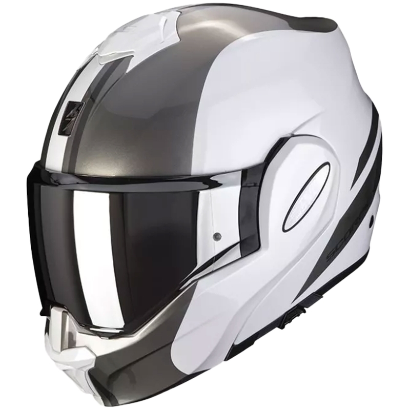 Saliekamā motociklu ķivere Scorpion EXO-TECH FORZA perlamutra balta-sudraba krāsā