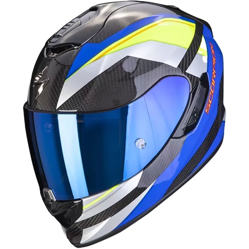 Integrēta motocikla ķivere Scorpion Exo-1400 Carbon Air Legione blue-fluo yellow