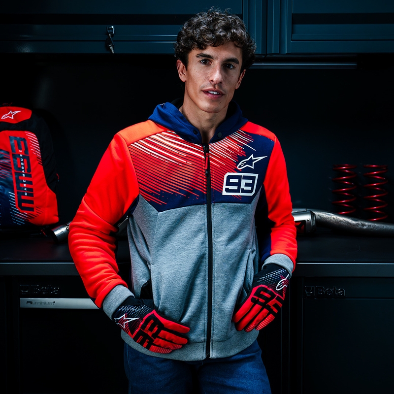 Alpinestars Chrome V2 sporta jaka ar kapuci MM93 collection gaiši pelēki zili-fluo sarkana