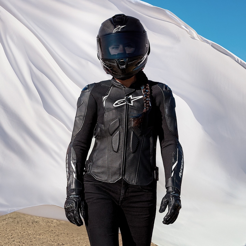 Alpinestars Stella Dusk sieviešu melnbaltā ādas motocikla jaka